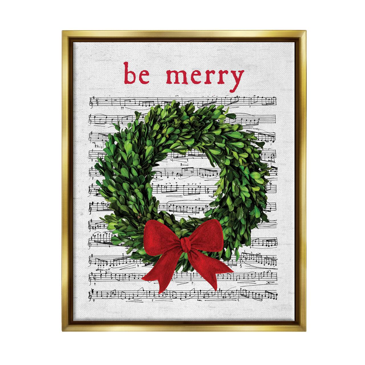 Stupell Industries Be Merry Holiday Music Wreath Framed Floater Canvas Wall Art